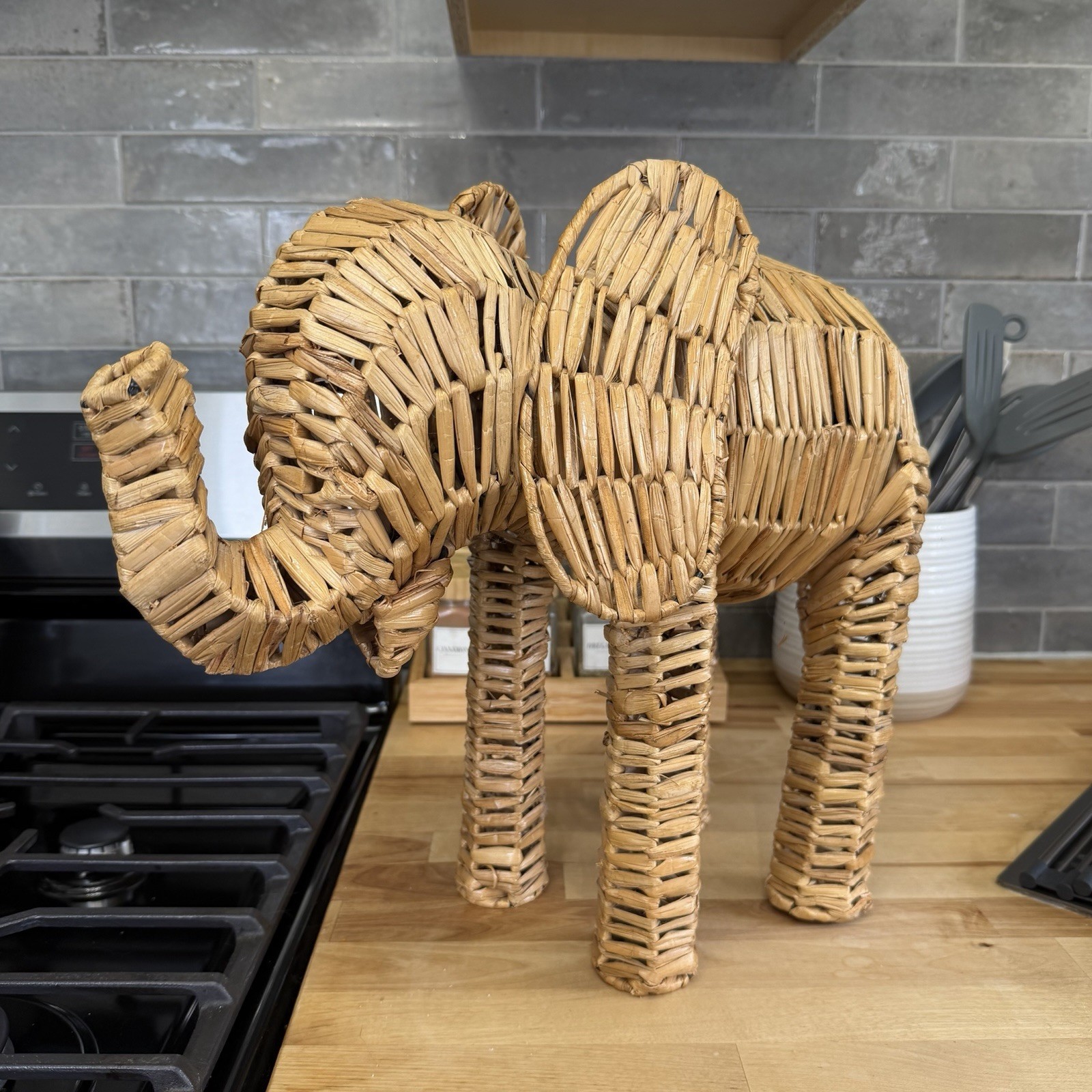 MCM 15” Woven Wicker Elephant Statue Decor Vintage Handmade Safari