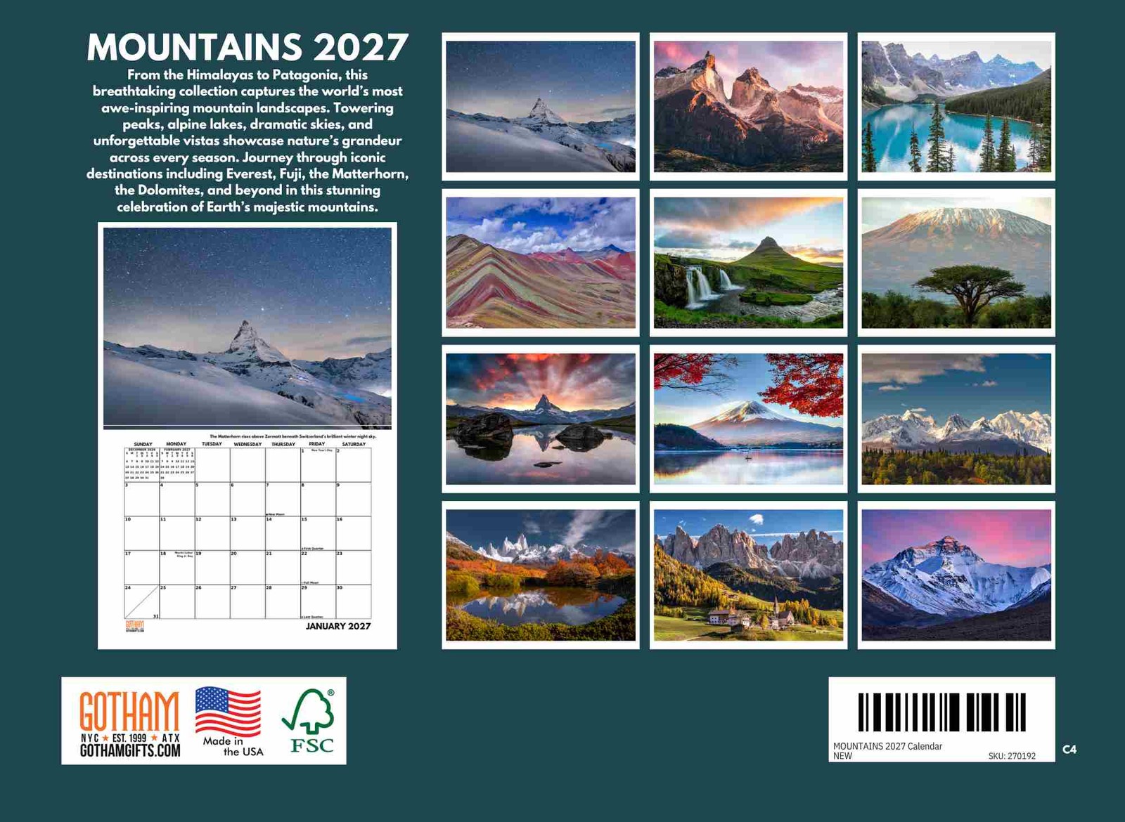 Mountain Calendar 2027 Mountains Monthly Wall Calender 12 Month 12×18