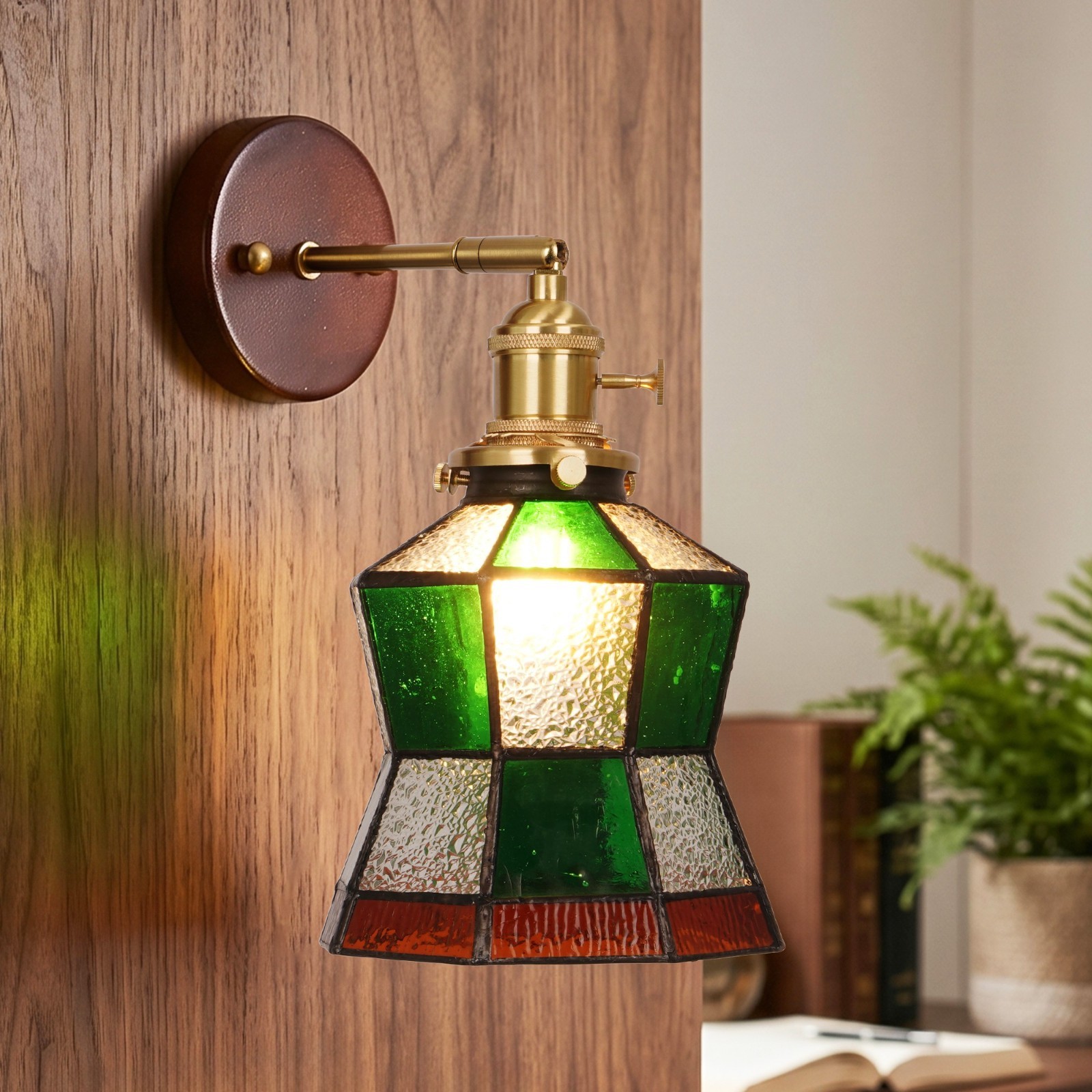 Single Head Retro Green Grid Glass Wall Lamp, 6-in Front Mirror/bedside New Lamp