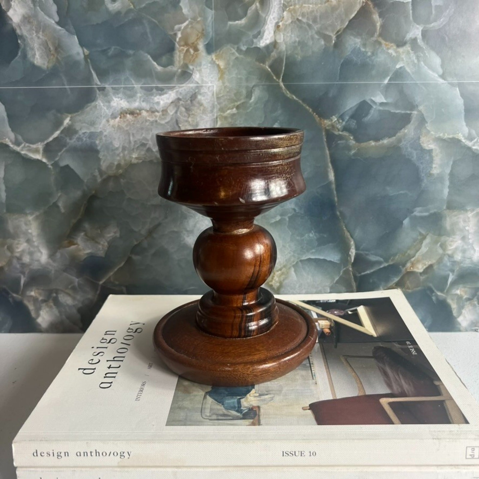 Hand Turned Wood Candle Holder Chunky Pedestal Stand 6.5″