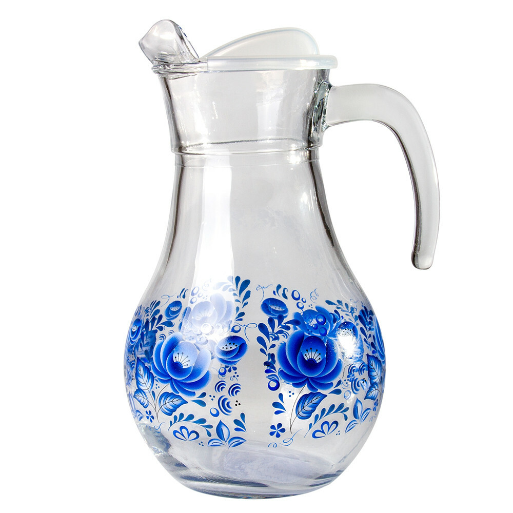 1.8 L Clear Glass Pitcher with Lid with Gzhel Floral Decal