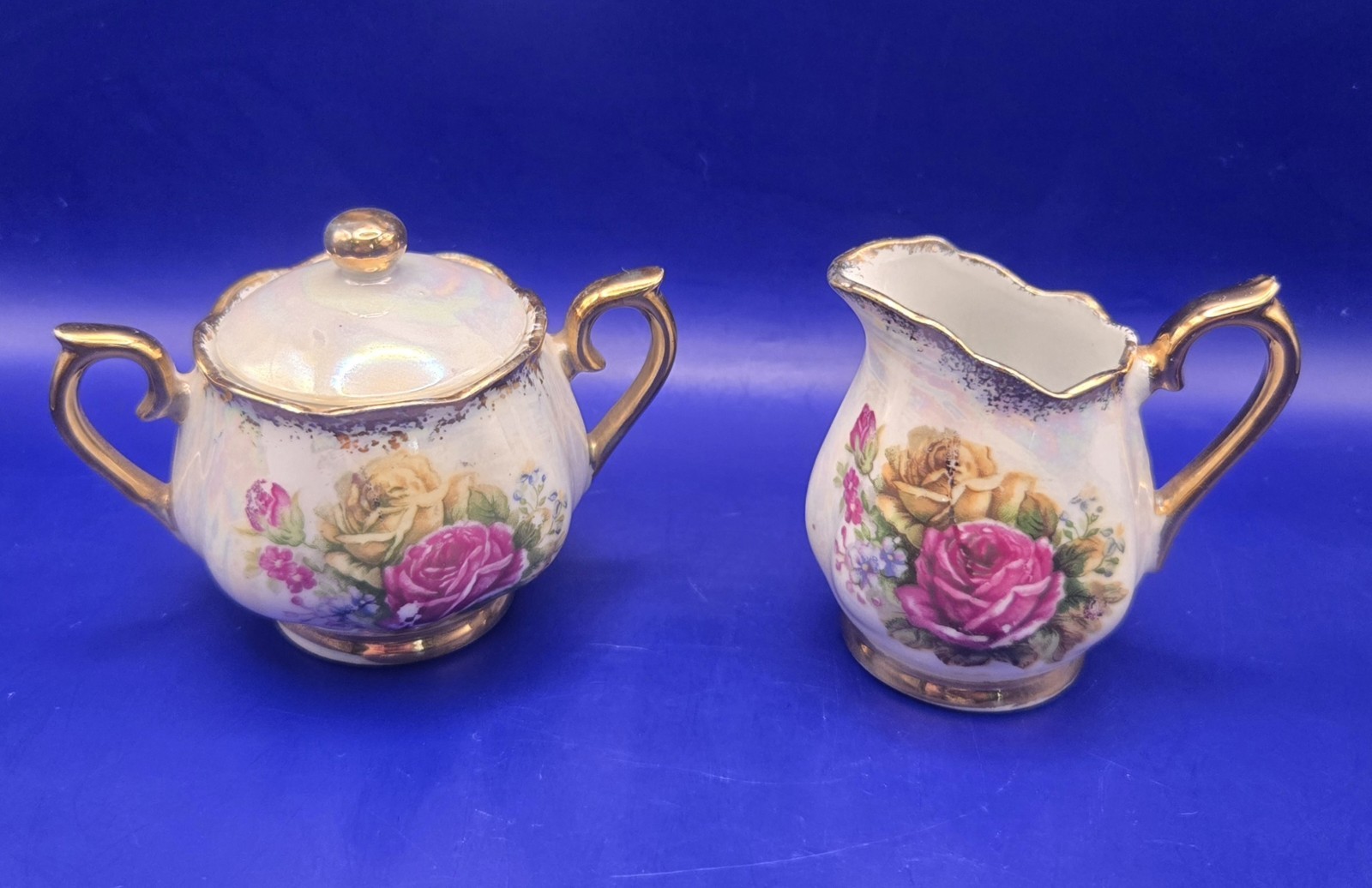 Vtg Ucagco Ceramic Rose Pattern Sugar Bowl w/Lid & Creamer Set ~ Made In Japan🌹