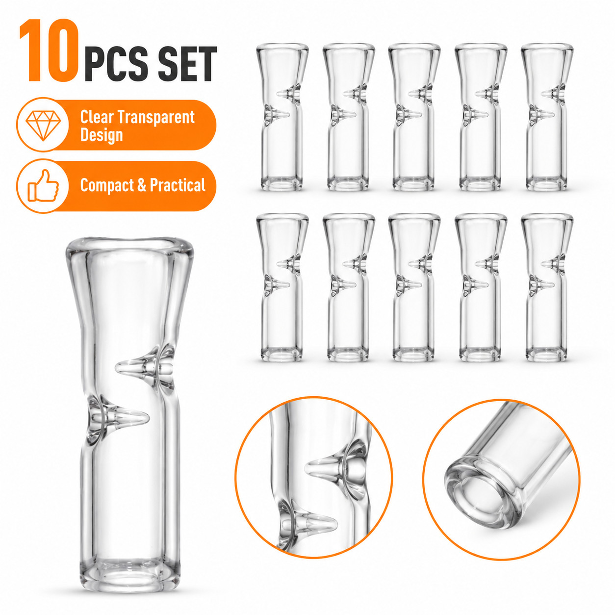 10PCS Medium Glass Filter Tips for Cigarettes Reusable Clear Ø9mm OD x35mm Pack