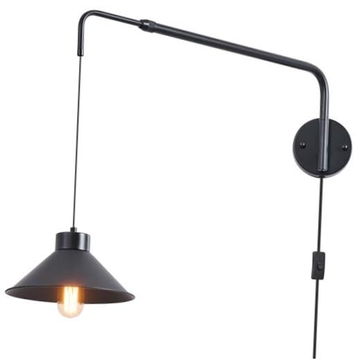 Black Swing Arm Wall Sconce UFO Lampshade Plug in Wall Lights 34.64″ Extend