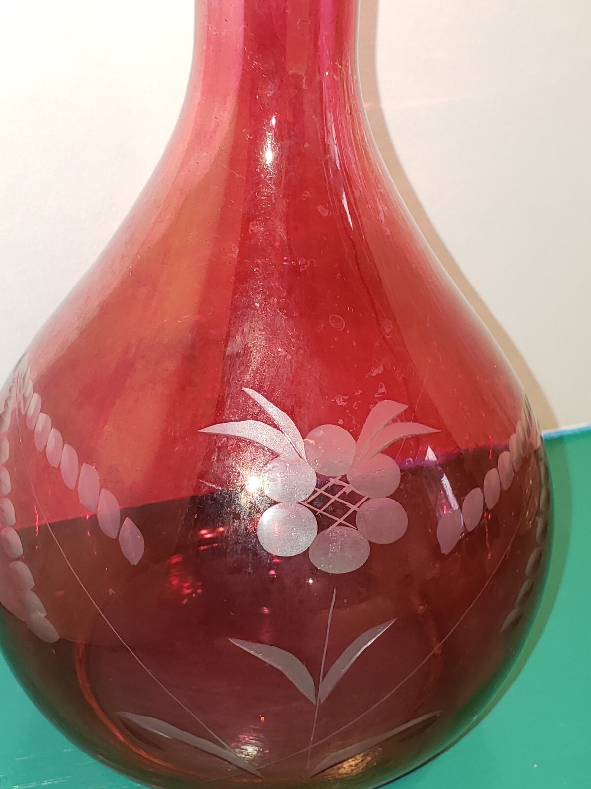 Vtg Ruby Flash Etched Decanter With Stopper 12″