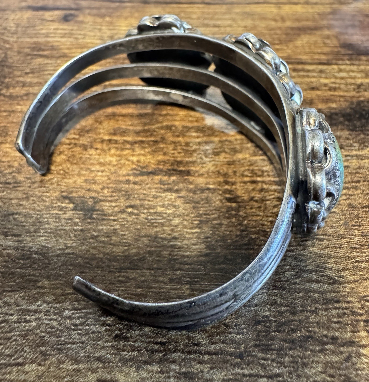 Coin Silver and Turquoise Cuff Bracelet – Early Vintage Southwestern – 1920s-40s