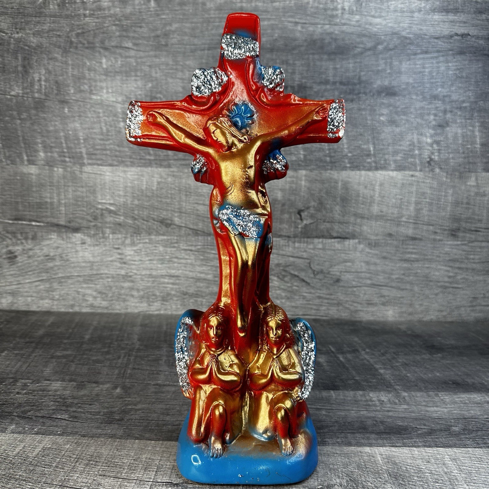 NOS Chalkware Religious Crucifix Cross Jesus Angels Glitter Carnival Prize VTG