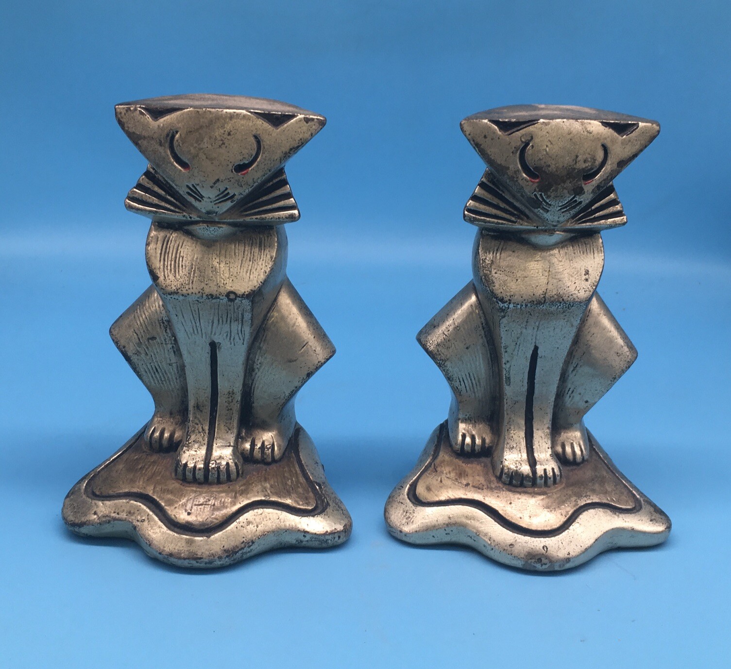 RARE ANTIQUE ARMOR BRONZE Corp.CLAD BOOKENDS ART DECO CUBIST CAT KITTEN STATUES