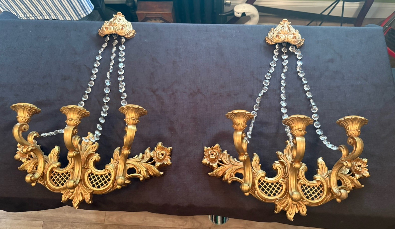 Vintage HOMCO 1966 Pair 2 Pc (3) Arm Candelabra Wall Sconces W Crystals #4002 T