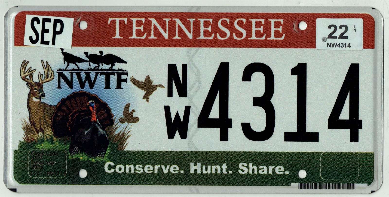 RARE Tennessee National Wild Turkey Federation NWTF Hunting License Plate NW4314