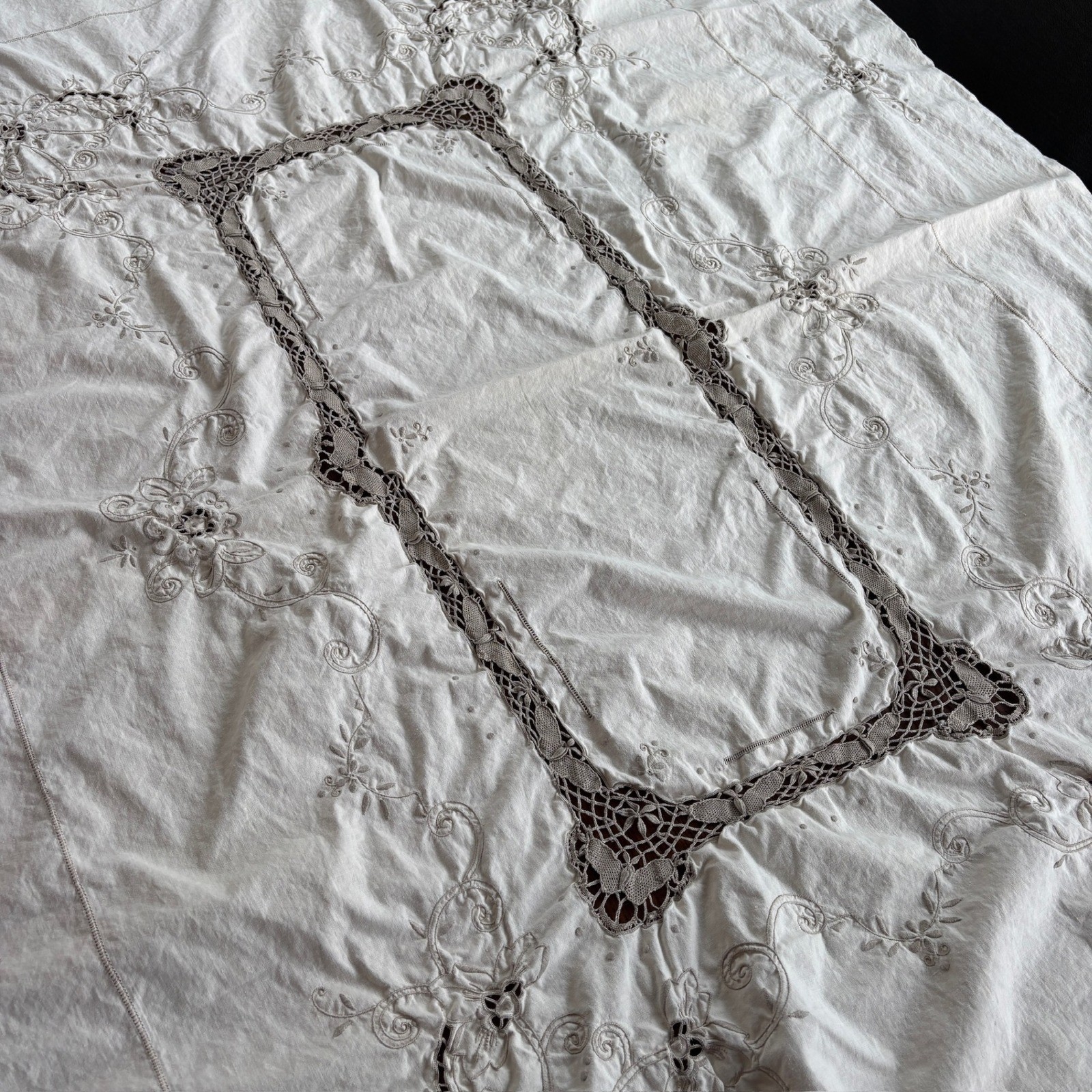 Vintage Cream Embroidered Linen Tablecloth + Table Runner Cutwork Lace 59×48