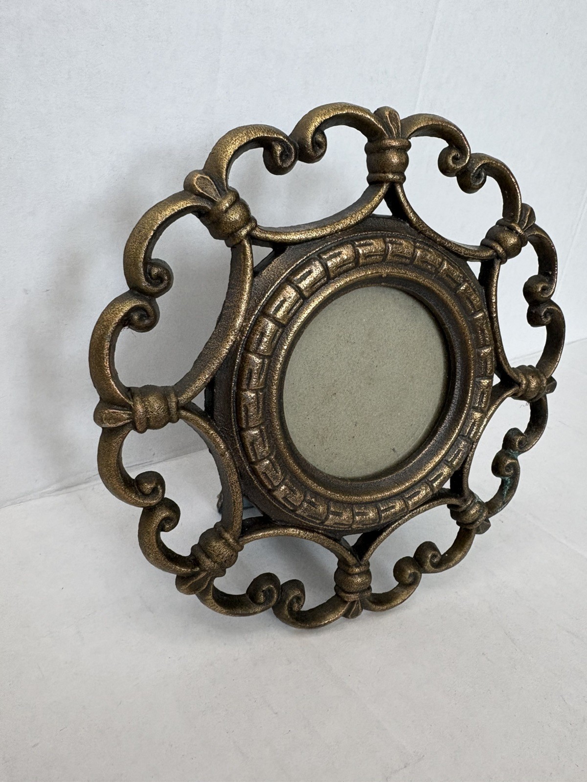 Small Brass Ornate Round Picture Frame Patina 2.5” Photos Free Standing Vintage