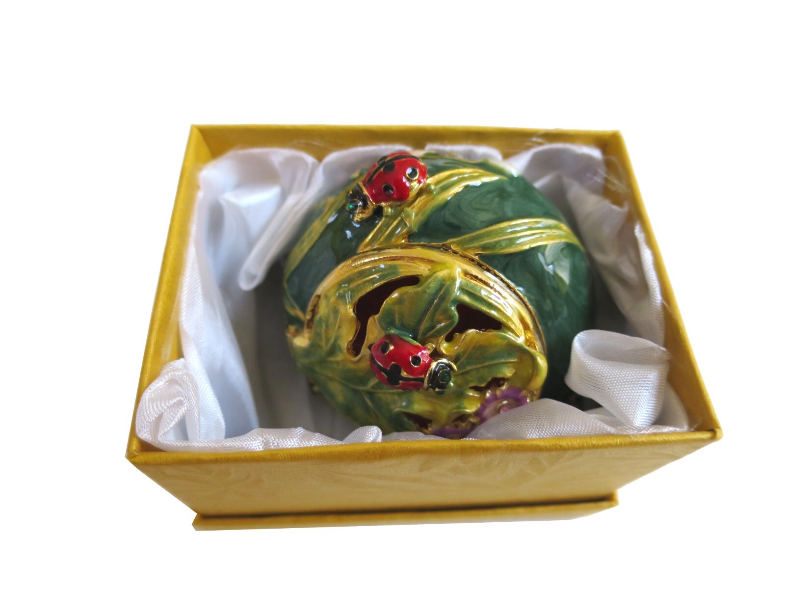 Bejeweled ladybug on leaf Hinged Metal Enameled Crystal Trinket box