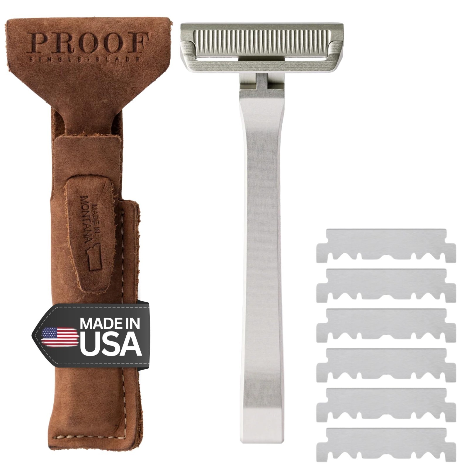 Single Blade Safety Razor for Men, Machined Aluminum, Pivoting Head, Leather Cas