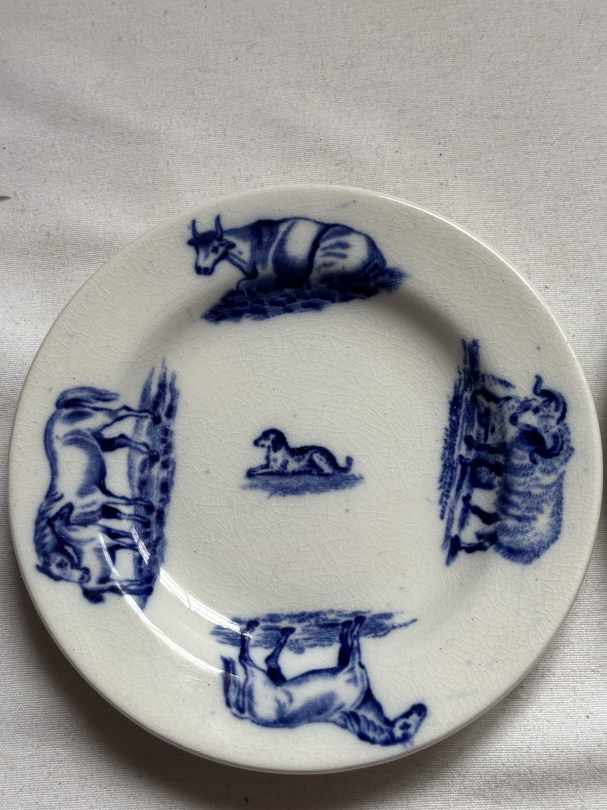 Victorian Copeland Spode ANIMALS Child’s Playset Plate 4″ Blue & White 1890. #2.