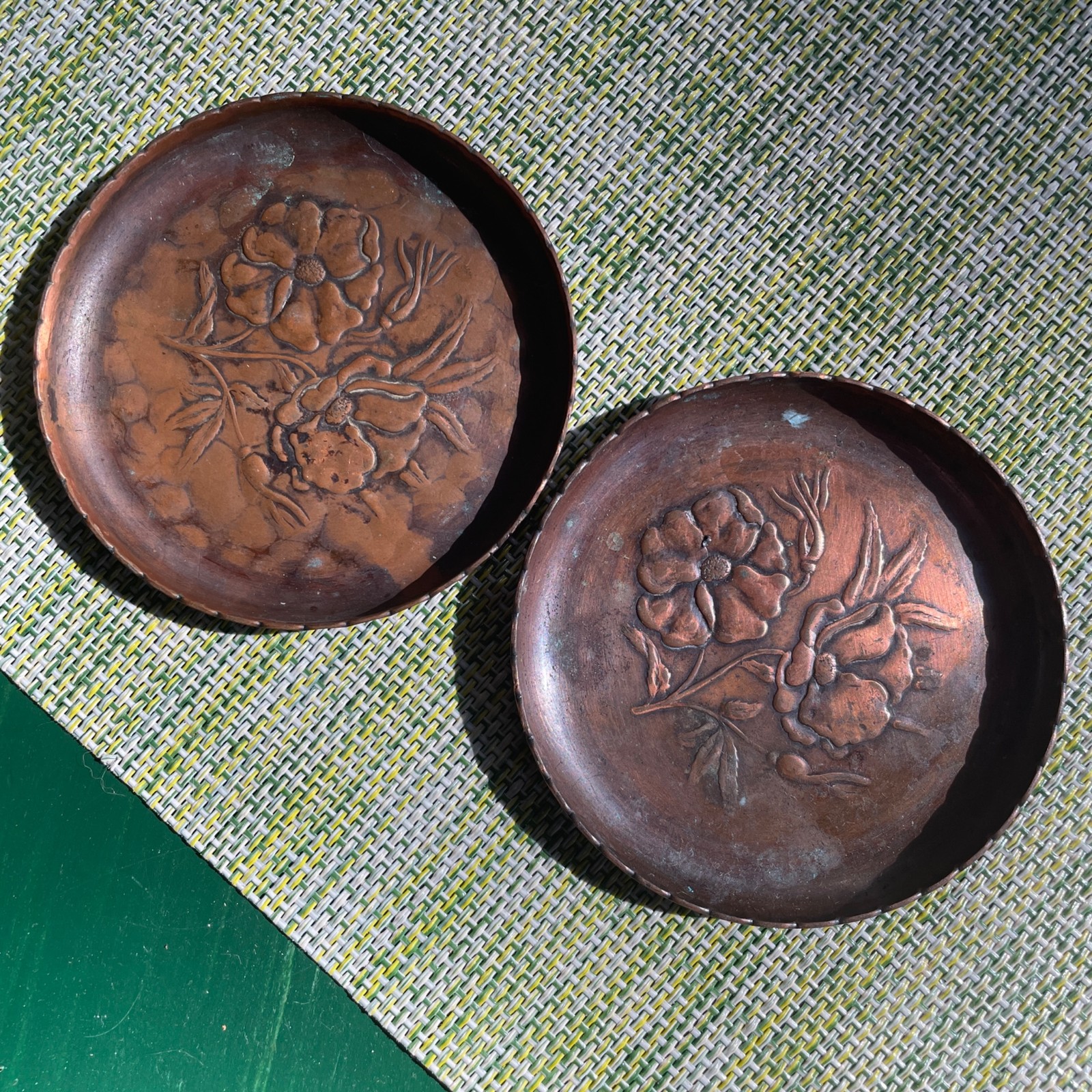 Set of 2- 3.25″ Repousse Antique Copper Patina Hammered Coasters w Cramped Edges