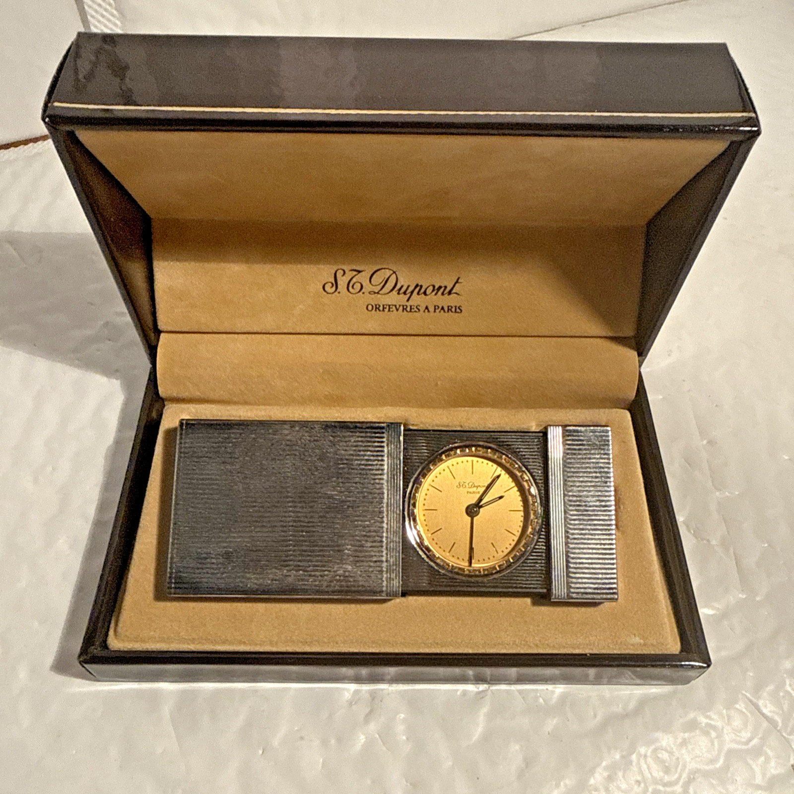 S.T. Dupont Quartz Travel Clock in Gold Dust Laque De Chine with Box
