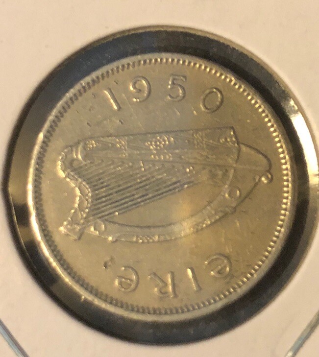1950 Ireland 6 Pence Copper Nickel Coin-20.8MM-KM#13a-MINTAGE=800,000