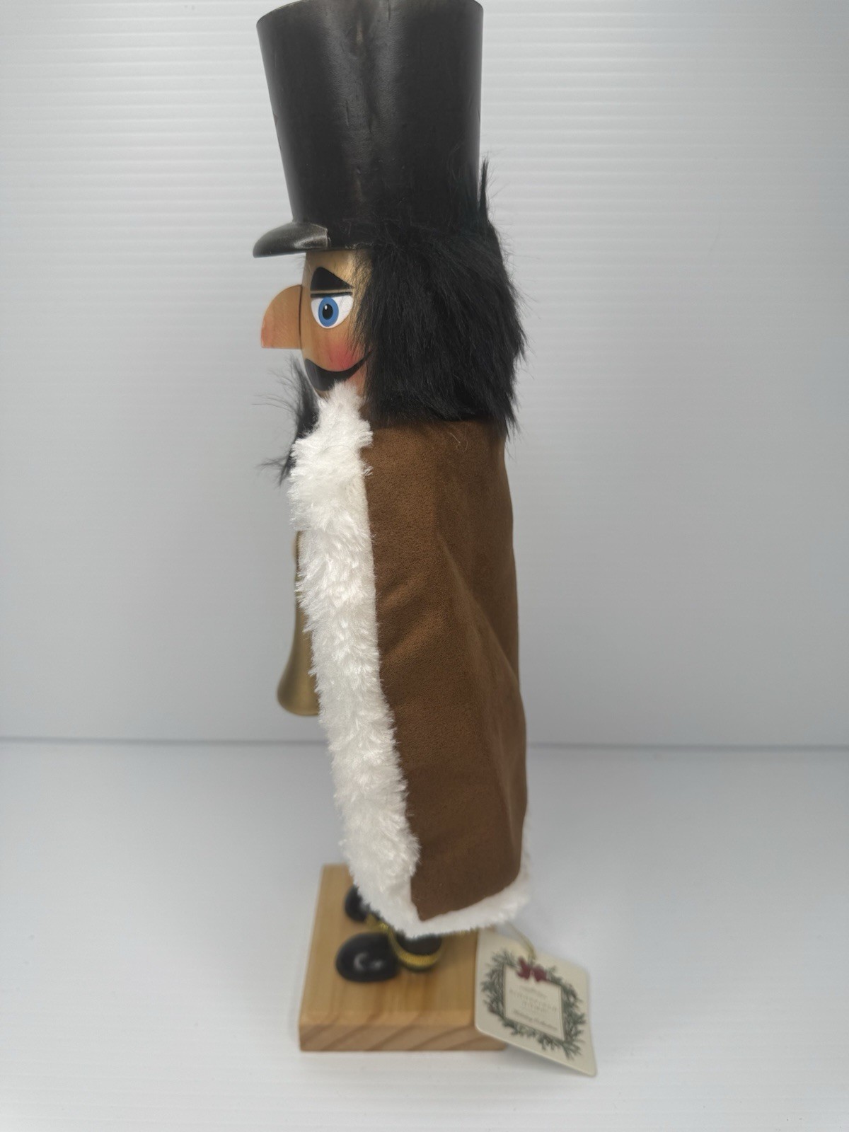 Wood Christmas Nutcracker 14″ Black Fur Gold Horn Bugle Brown Cape Decor