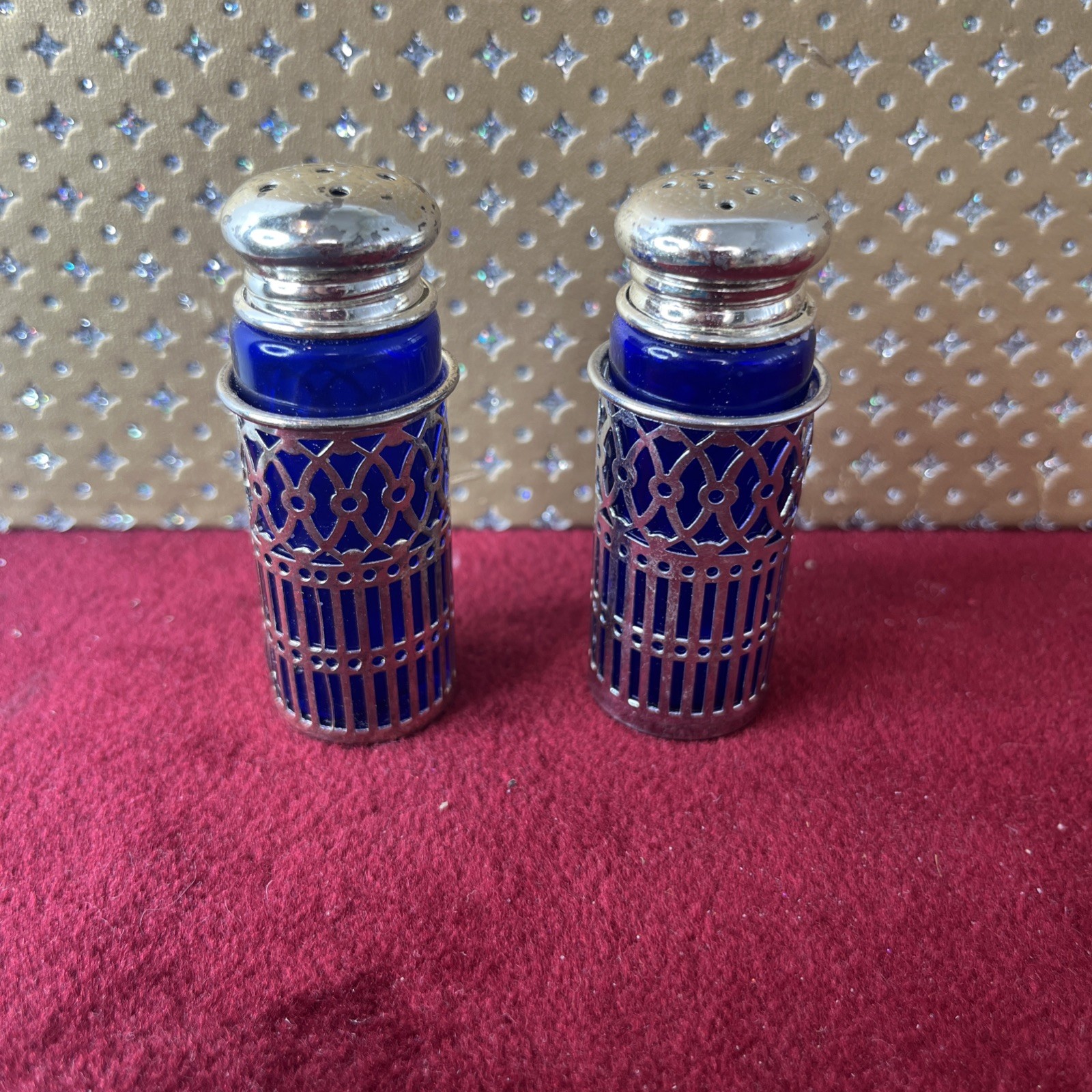 Vintage Salt & Pepper Shakers Cobalt Blue Glass Silverplate Pierced 2.75” Tall