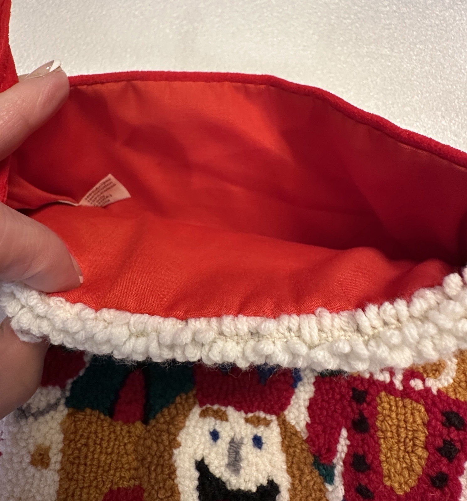 Vtg Latch Hook Loop Christmas Stocking Nutcrackers Toy Soldiers Red Velvet Back