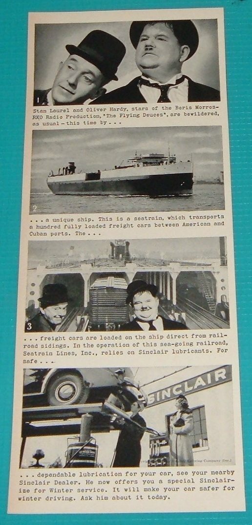 1939 PRINT AD~STAN LAUREL & OLIVER HARDY SINCLAIR DEALER Seatrain To Cuba oil