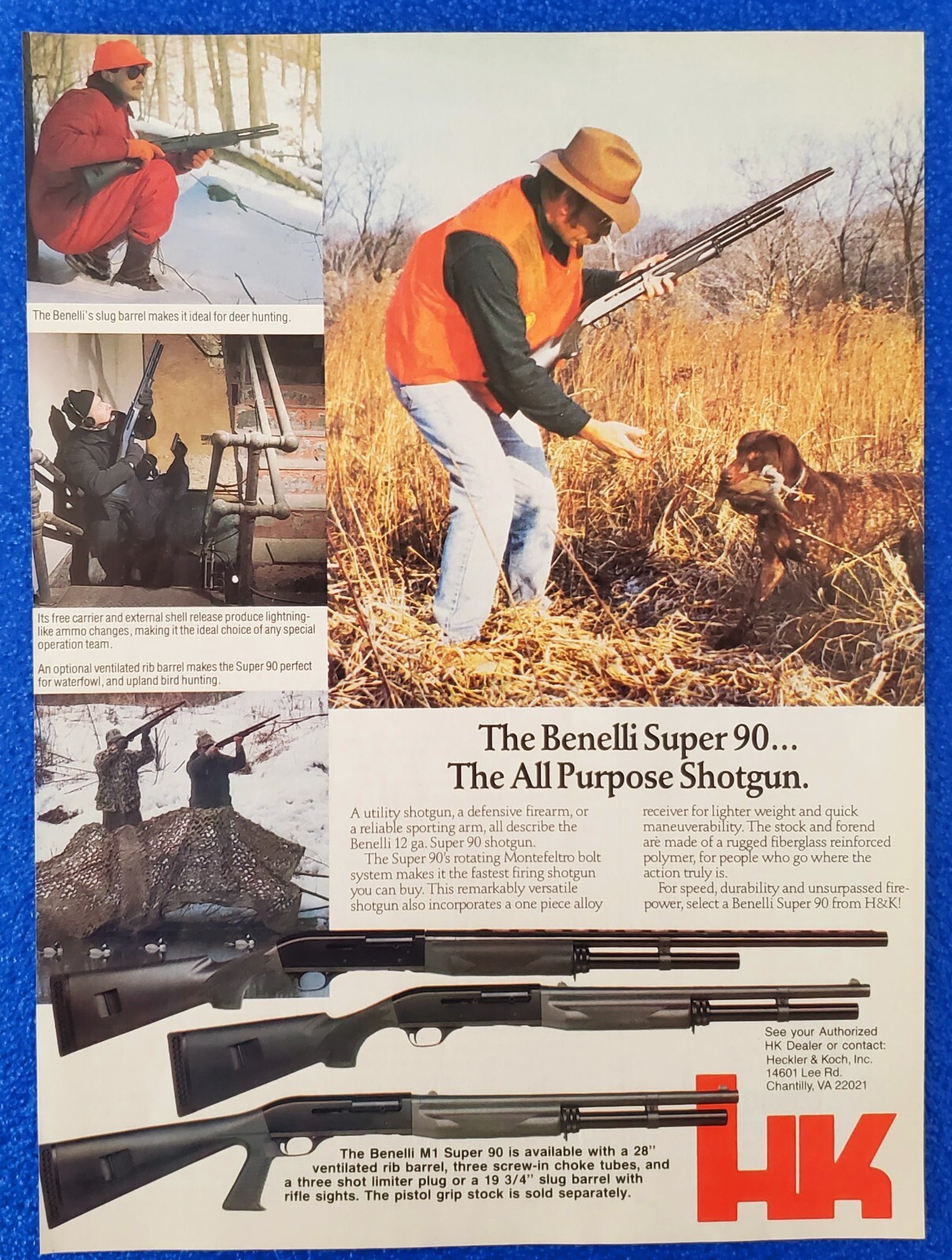 CLASSIC 1987 BENELLI / HECKLER & KOCH SUPER 90 SHOTGUN ORIGINAL COLOR PRINT AD