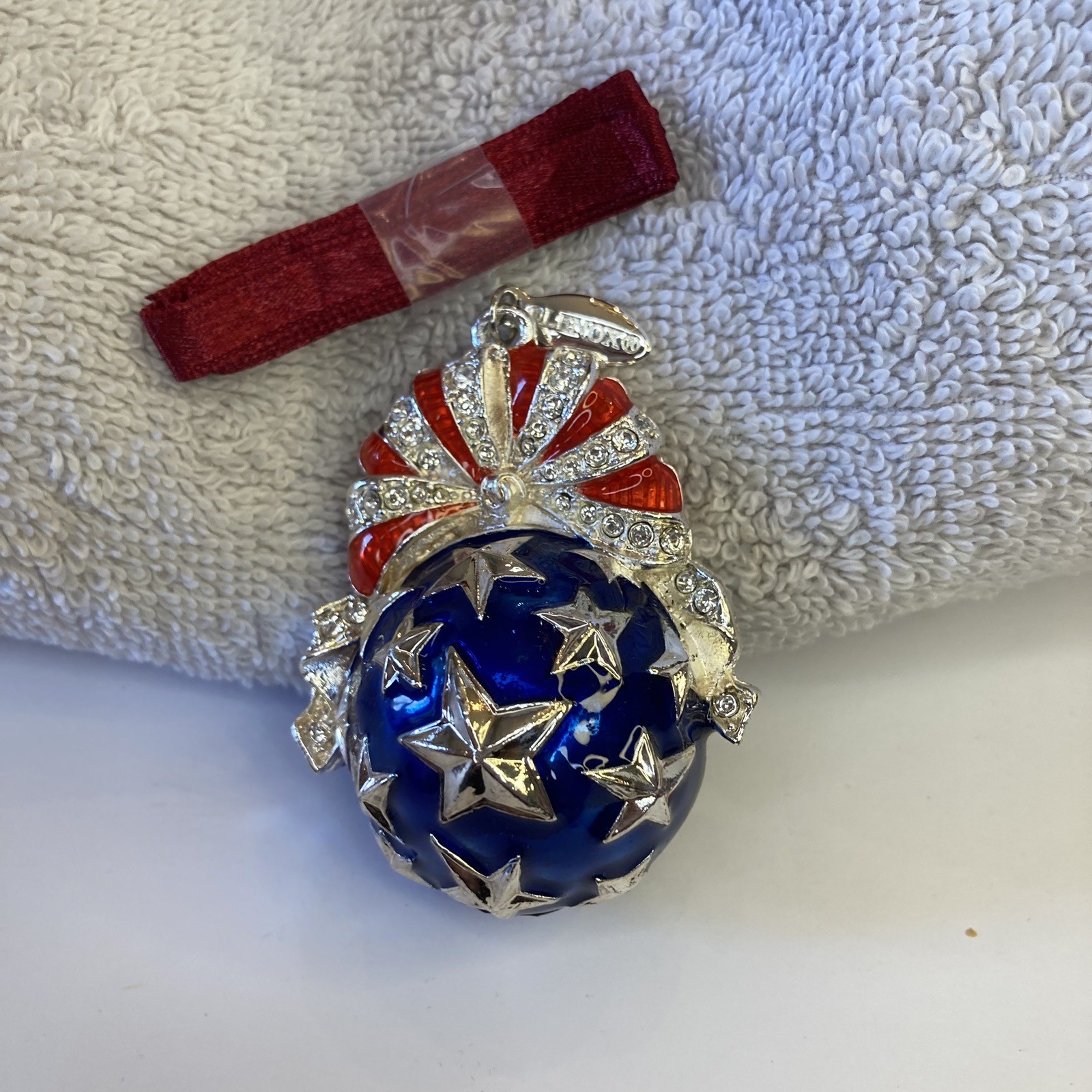 Patriotic Red White & Blue Star Spangled Ball Ornament Enamel Silver USA’s 250th