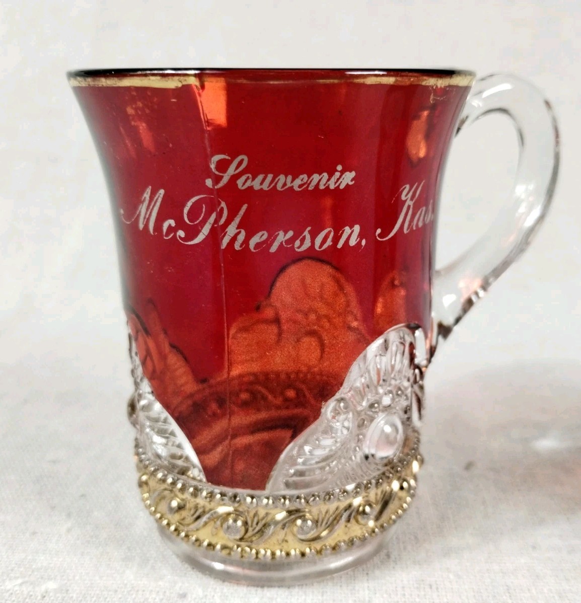 Antique Ruby Flash EAPG Pressed Glass Souvenir McPherson, Kansas Large Small Cup