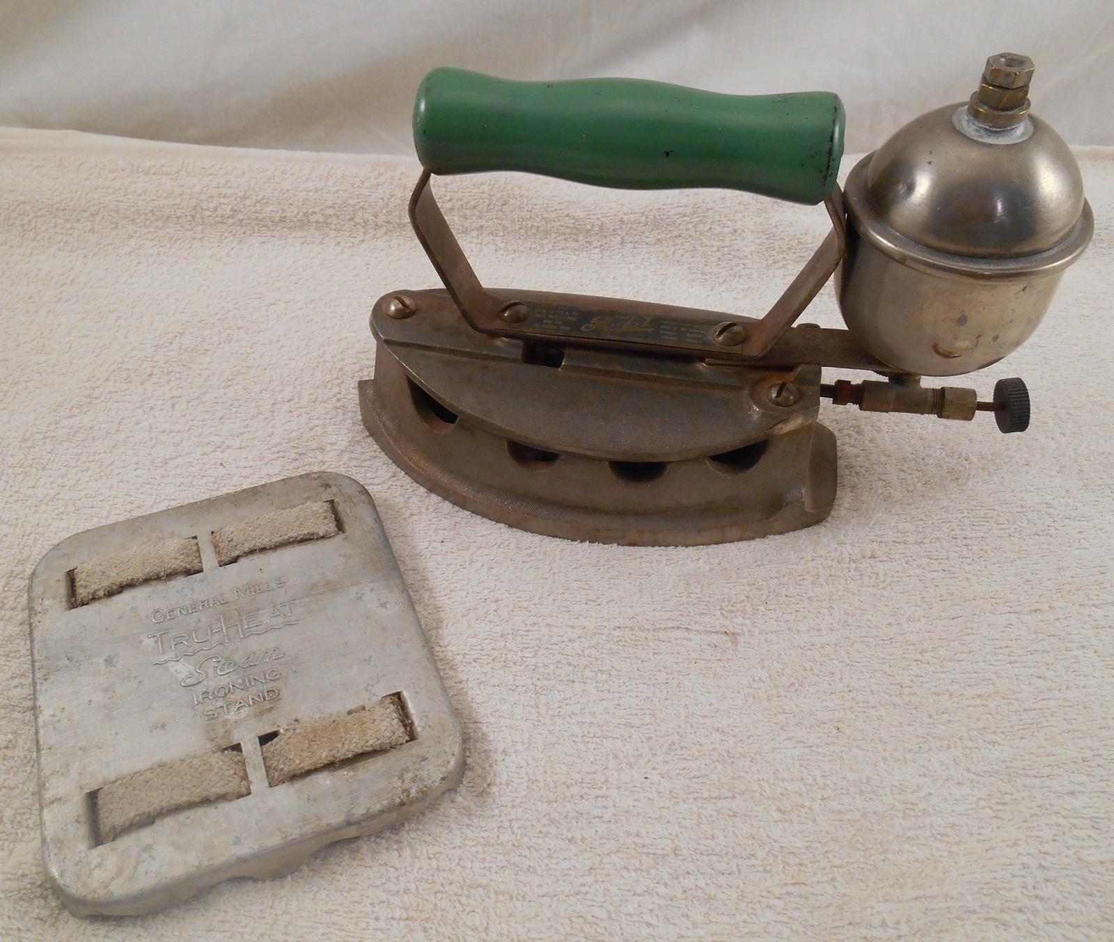 Antique Royal Gas Powered Sad Iron Model D w Green Handle / TRU-Heat Steam Stand