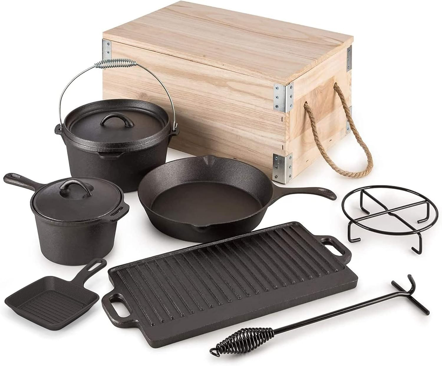 8-Piece Cast Iron Dutch Oven Set with Vintage Wood Box for Outdoor Cooking