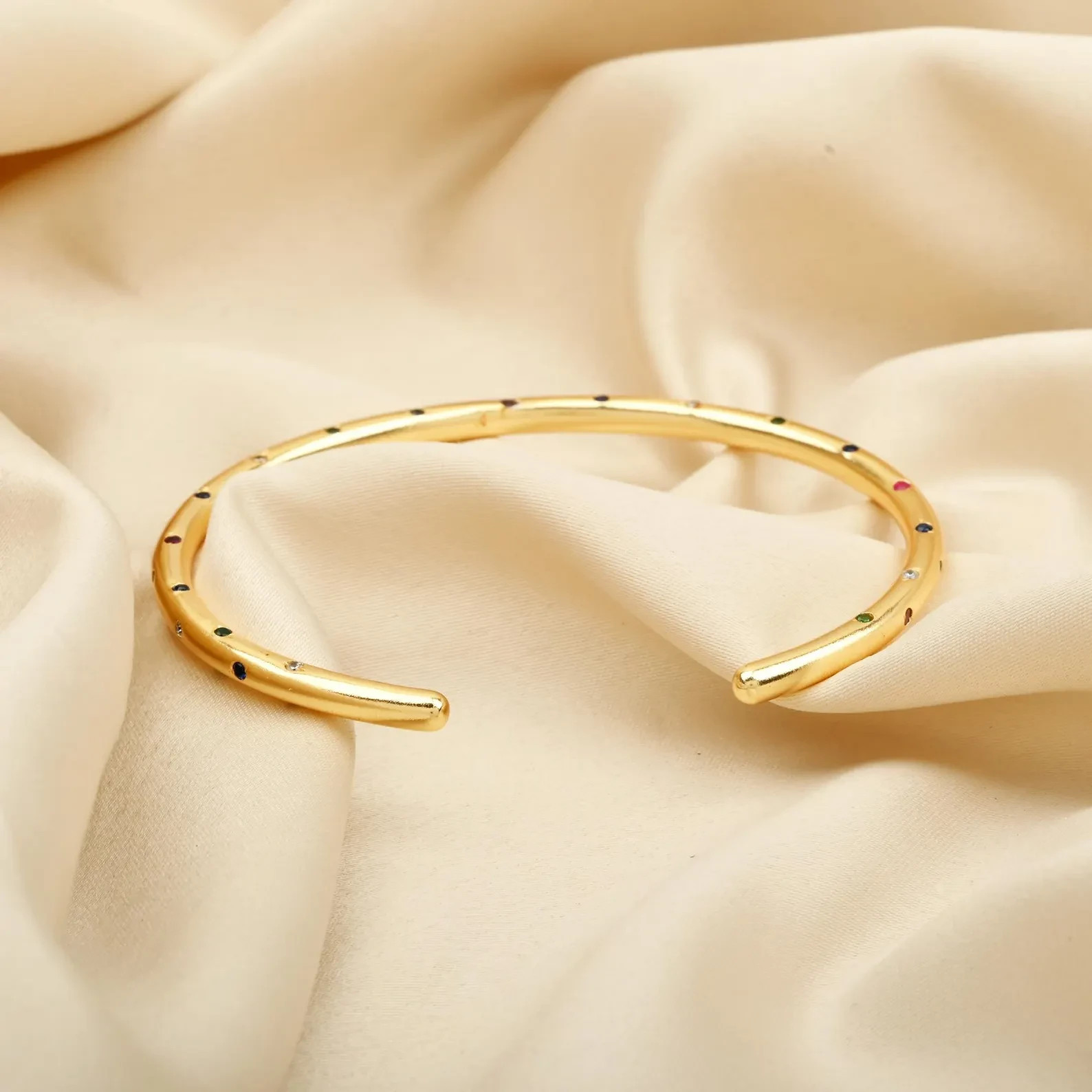Multi-Gemstone Open Cuff Design Bangle Bracelet in 18K Yellow Gold Over 7.5″ Her
