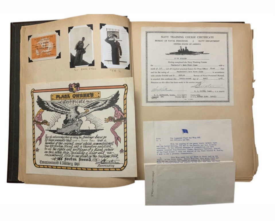 WWIl Navy PTO Scrapbook USS Norton Sound – Over 240 Photos, Certificates + More)