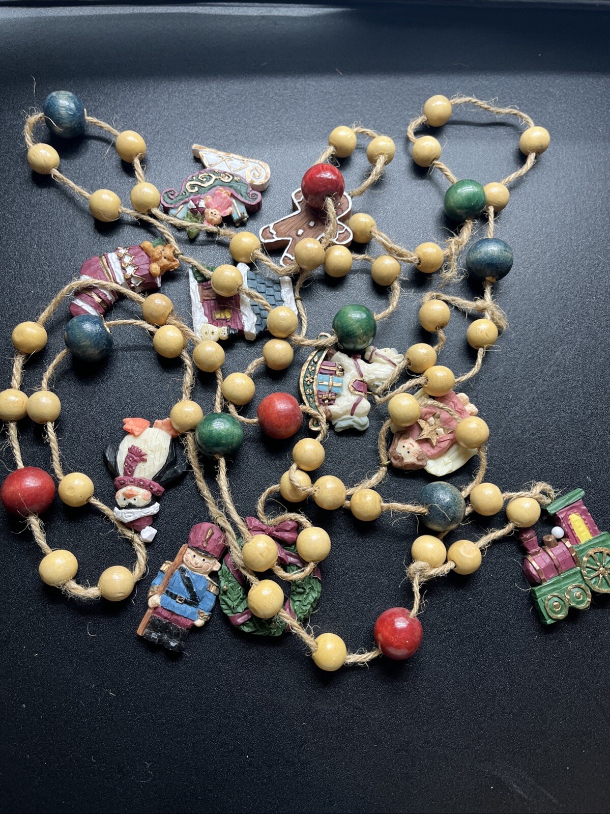 Vintage Christmas Garland 82″ Twine Wood Beads Resin Charm Figurines Old World