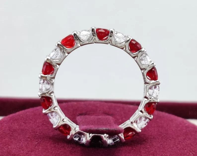 Ruby & Diamond 14K White Gold Over Wedding Anniversary Full Eternity Band Ring