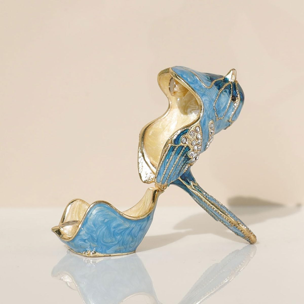 Exquisite Hand – Painted Enamel Blue Bird Trinket Box Hinged Rhinestone – Adorne