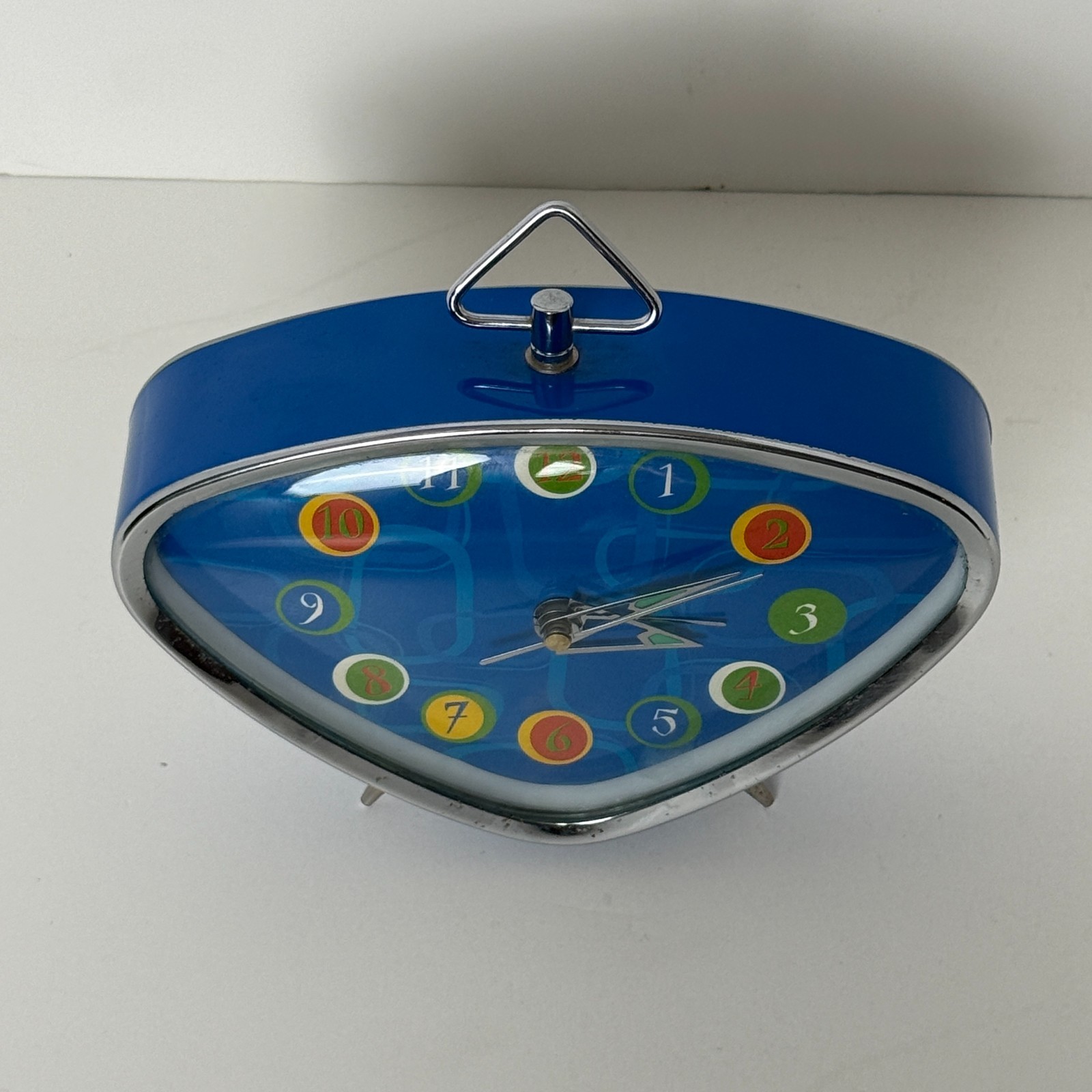 Vintage Leadworks Blue Triangular Wind-Up Alarm Clock Retro Atomic Works Colorfu