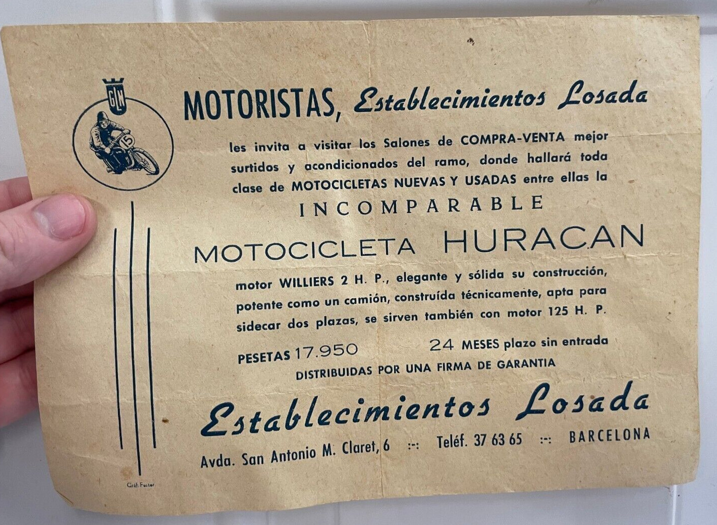 Spanish 1950’s GLN Motoristas Losada Race? Motorcycle Store Flyer? Barcelona