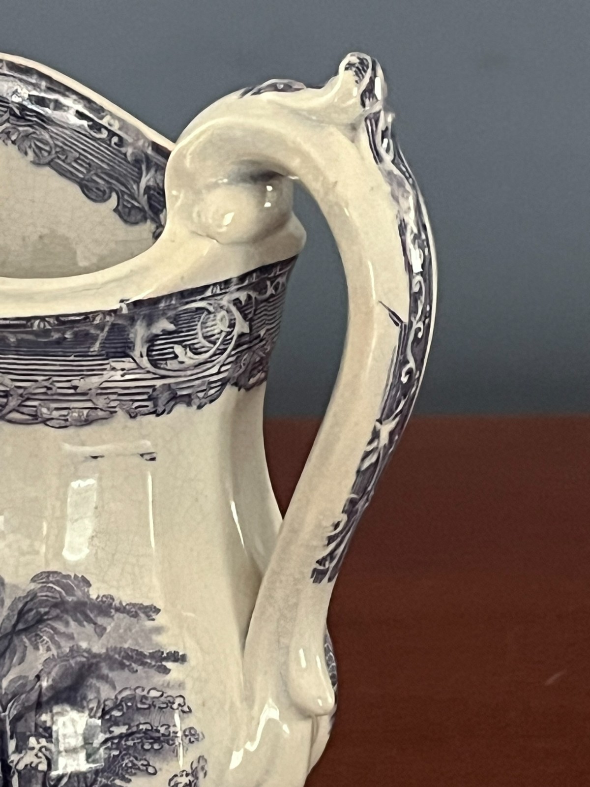 ANTIQUE MULBERRY BRITISH TRANSFERWARE PITCHER PODMORE WALKER VENUS C1840 RARE