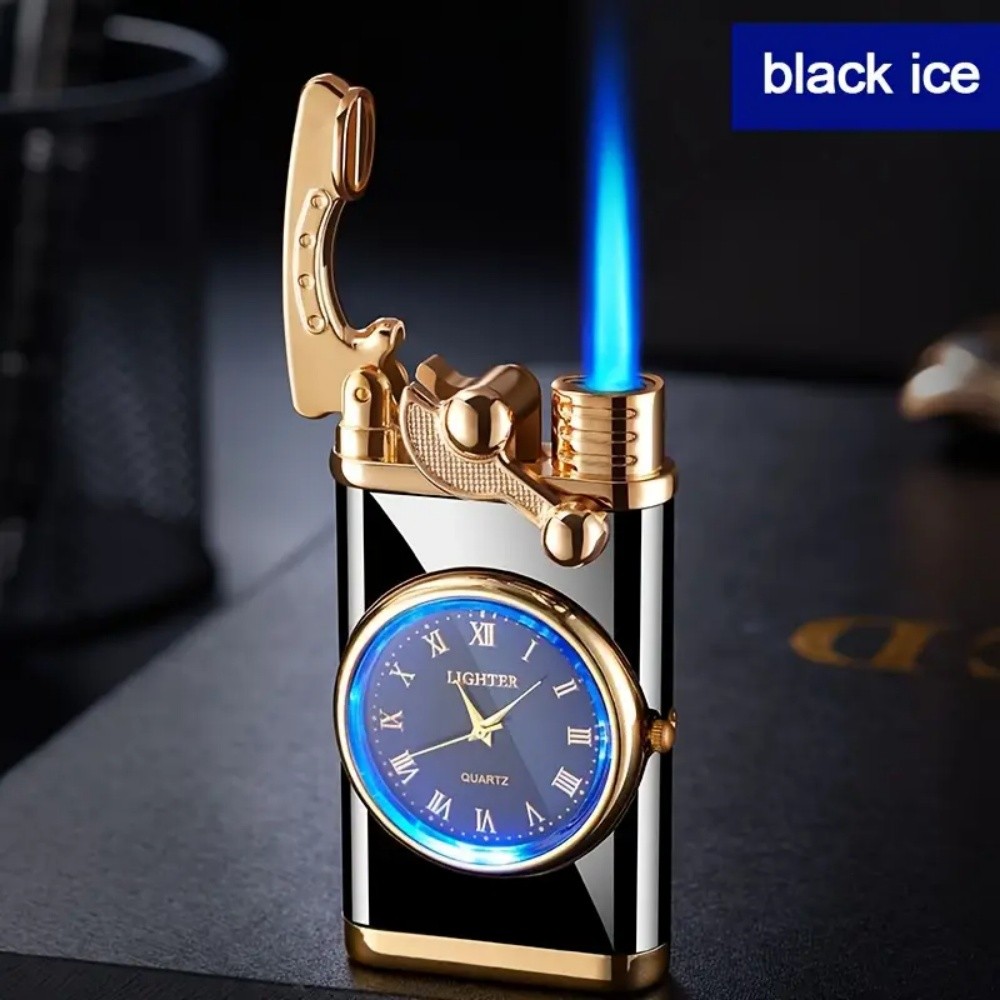 VINTAGE RETRO STYLE Luxury Golden Liquid Gas Lighter with Roman Numeral Clock