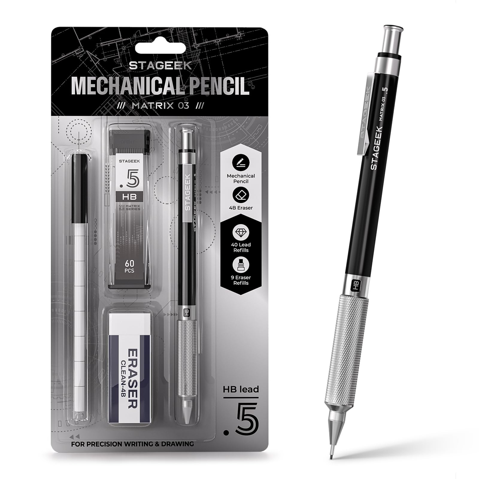STAGEEK 0.5mm Mechanical Pencil, Metal Art & Drafting Pencil with Eraser and …
