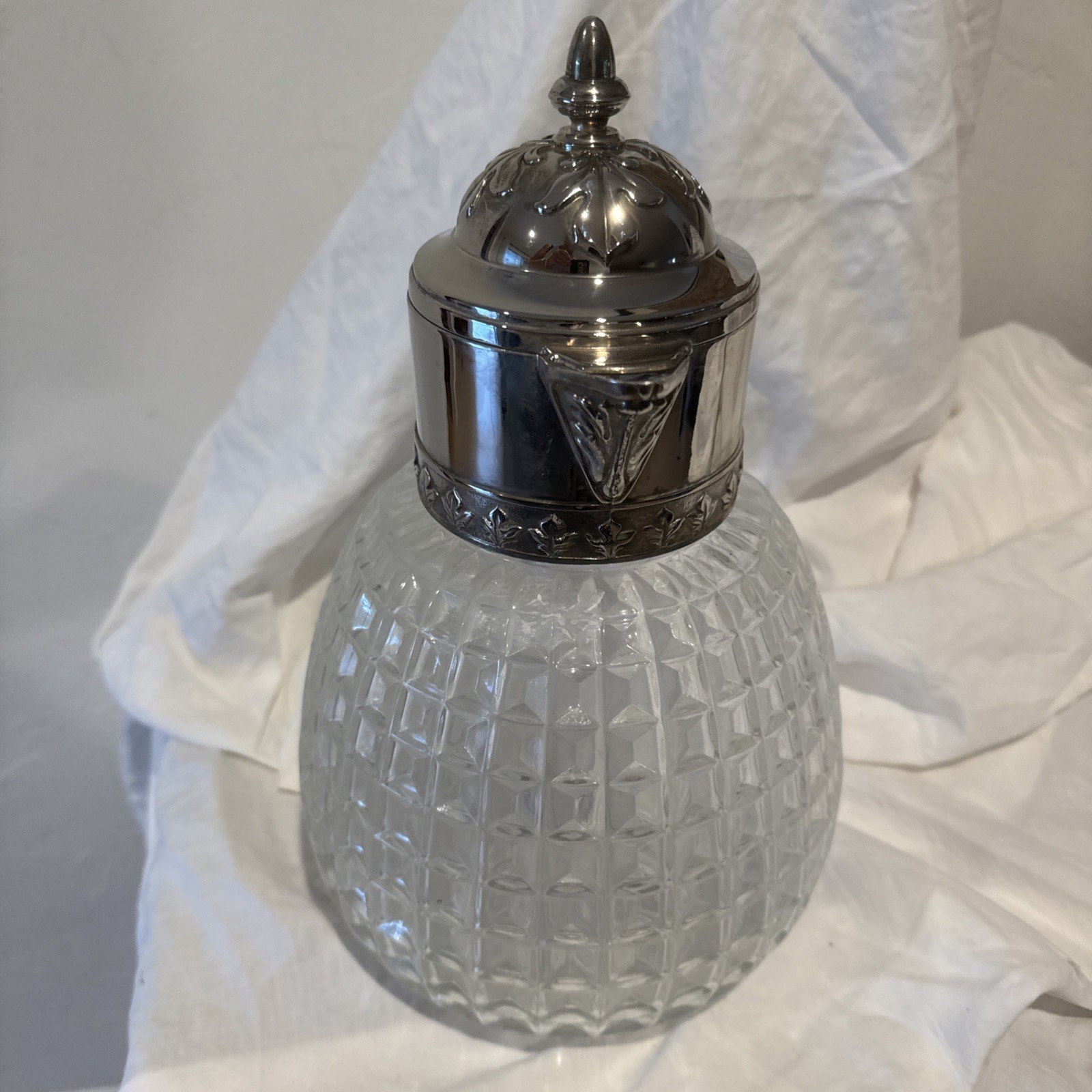 Vintage Beverage Pitcher Pressed Glass Embossed Silver Plate Ice Cube Tube Italy