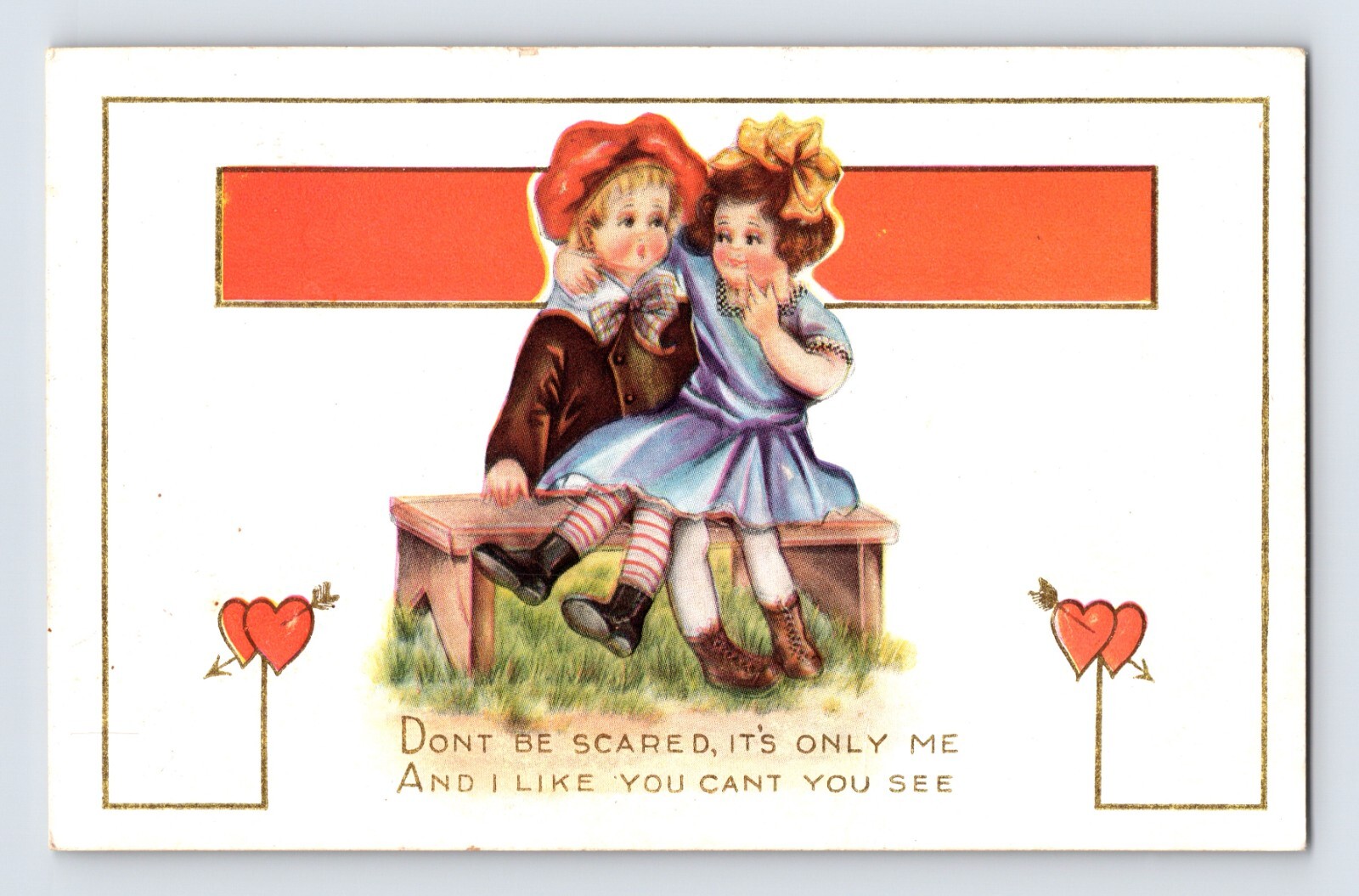 Postcard Valentine’s Day Children Sweethearts Bench 1920s Unposted Whitney Made
