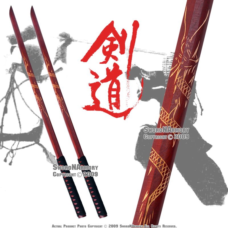 2 Pcs 40″ Red Dragon Daito Bokken Bukuto Kendo Wooden Practice Samurai Sword