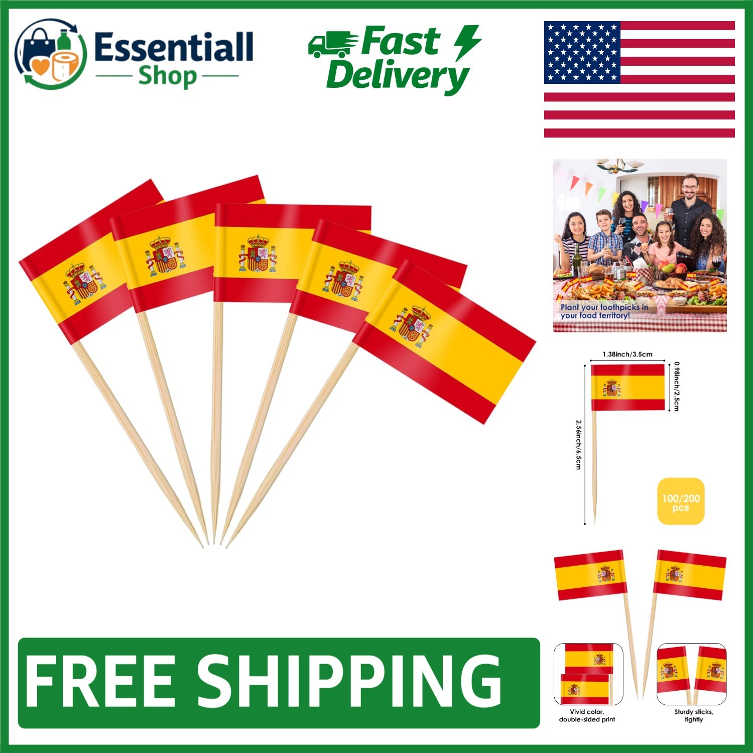Durable Double-Sided Spain Flag Toothpicks – 100 Piece Set for All Occasions