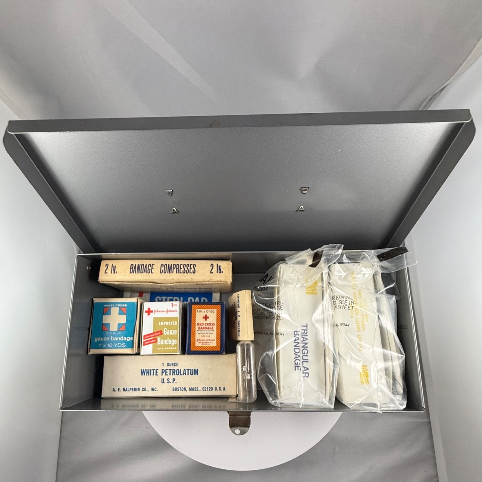 Vintage A.E. Halperin Halco Metal First Aid Kit w Supplies Conrail *See Details