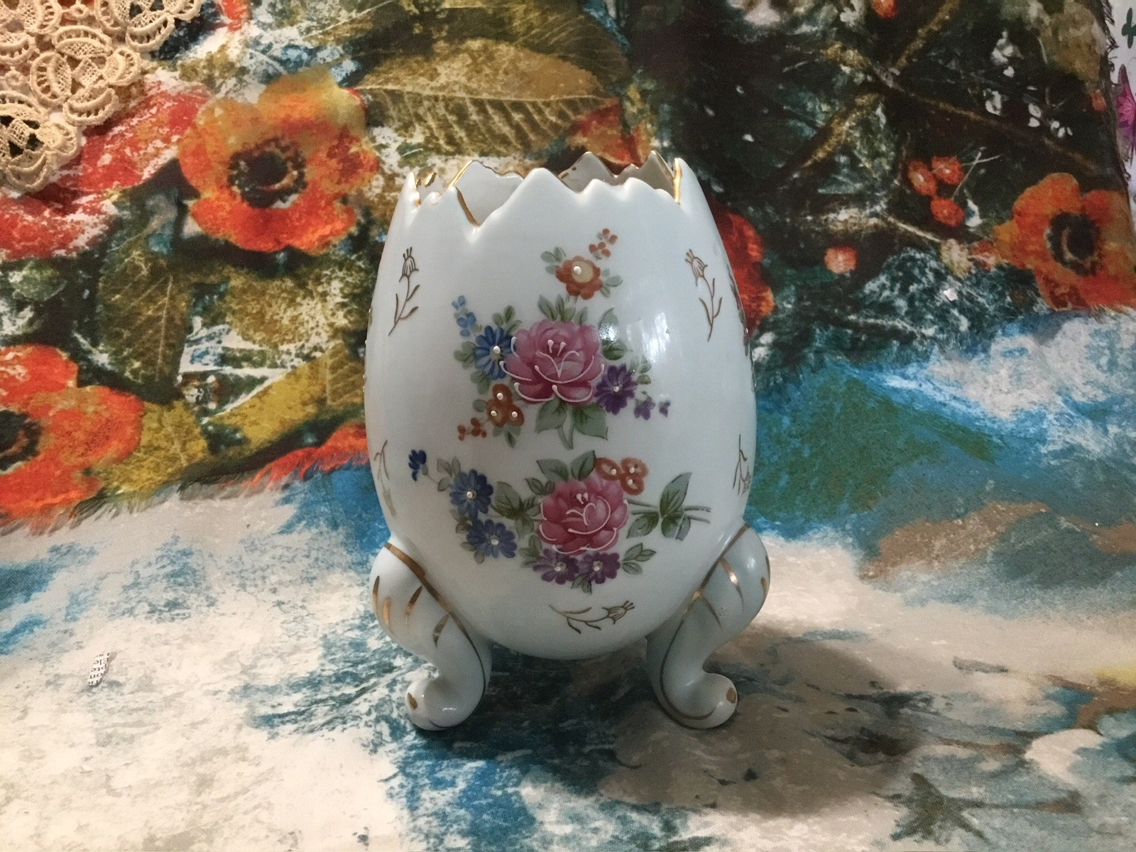 Vintage Ardco Fine Quality Porcelain Cracked Egg Vase Gold Trim Floral 5.5”