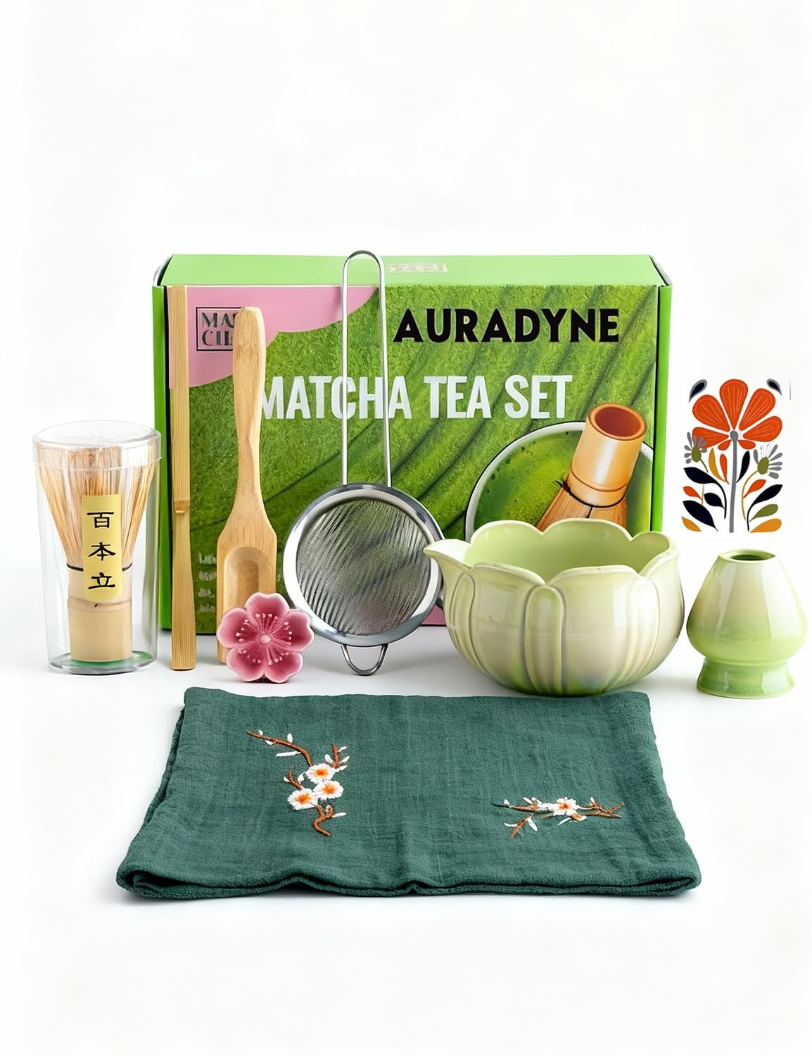 Matcha Set, 9 Pcs Lotus Whisk Set with 9 Pcs, Green