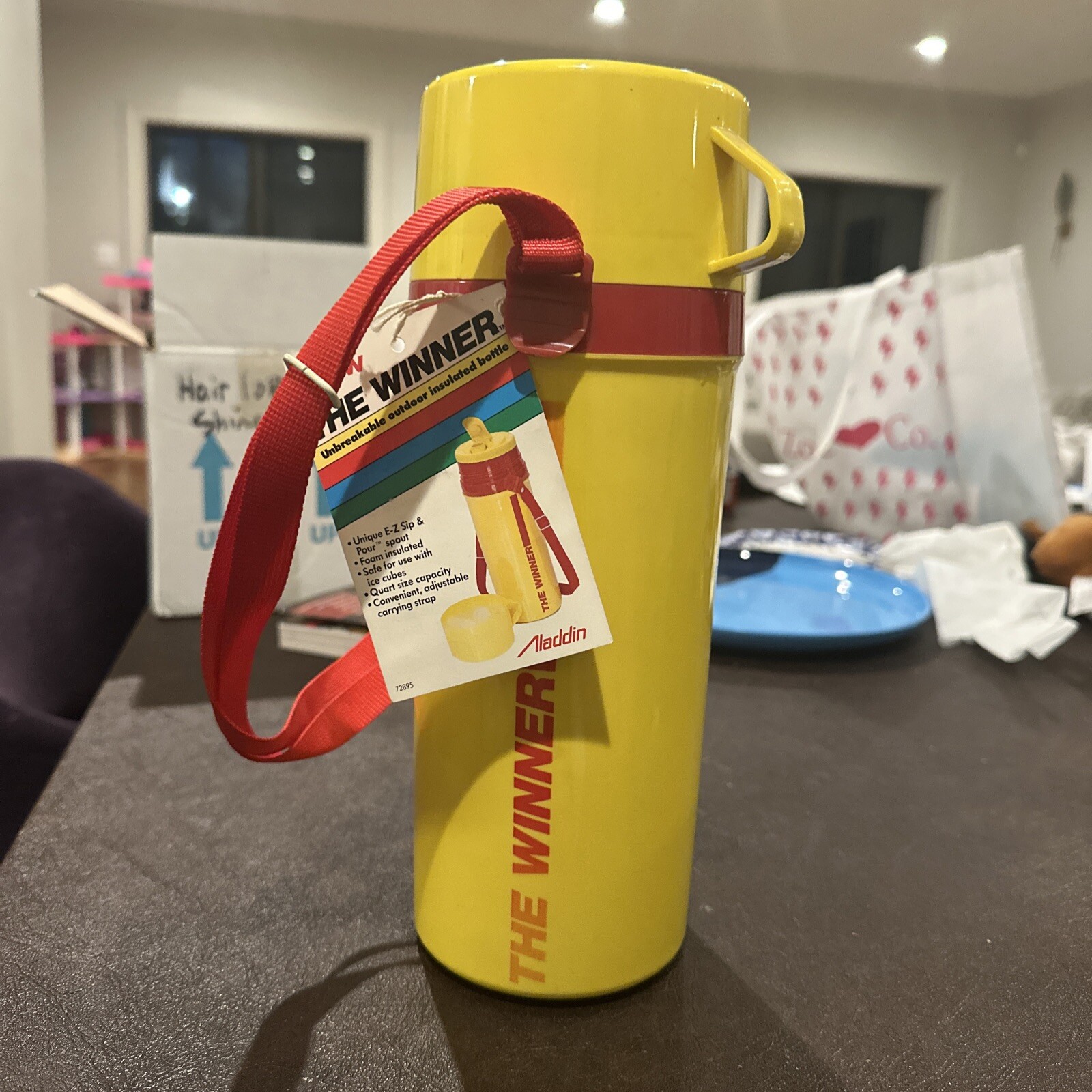 Vintage 80s Aladdin Thermos Insulated Bottle Bright Yellow Red Cup EZ Sip &Pour