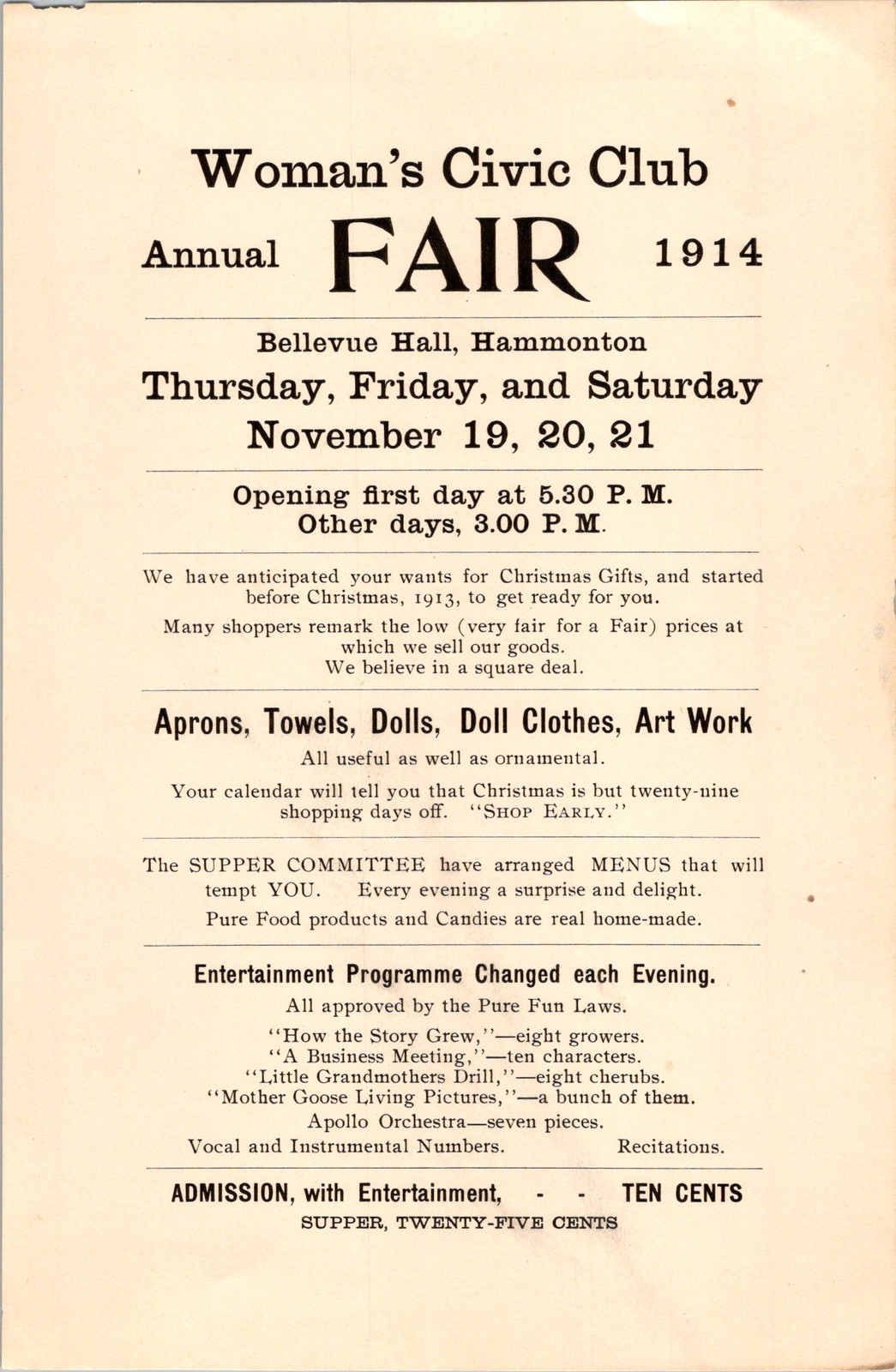 1914 Woman’s Civic Club Annual Fair Flyer Hammonton NJ Community Event